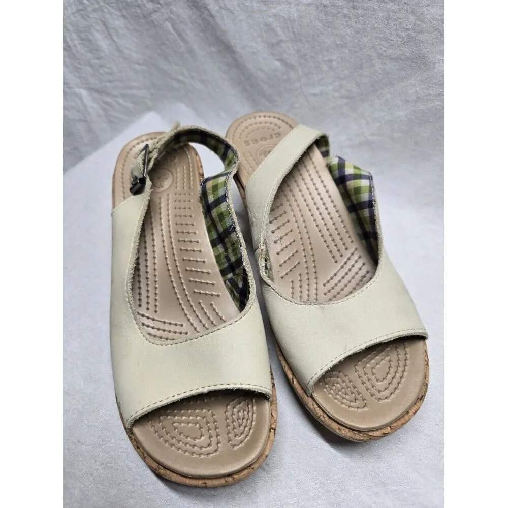 CROCS A-Leigh Beige Cork Wedge Sling Back Sandals Womens Size 7 - Picture 4 of 11